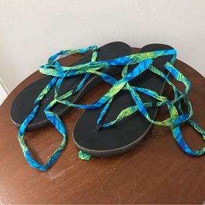 Blue and green strapped gladiator style sandals